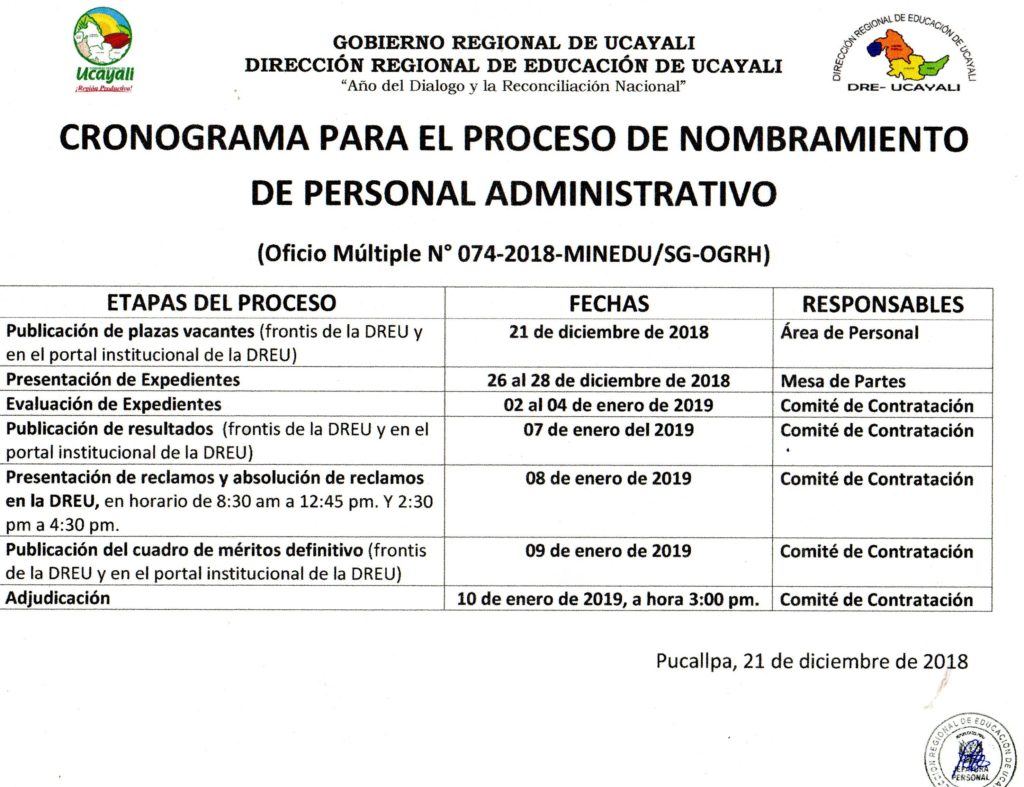 Cronograma Para El Proceso De Nombramiento De Personal Administrativo