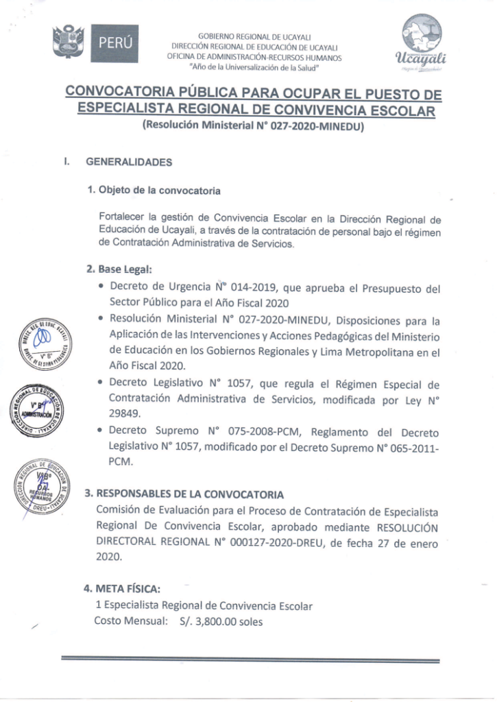 CONVOCATORIA PUBLICA PARA OCUPAR EL PUESTO DE ESPECIALISTA REGIONAL DE